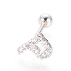Letter P Boucles d'oreilles en argent sterling plaqué rhodium, micro pavé, zircone cubique transparente, haltère, cartilage, letter.p, 925mm, pin: 6.5x5x1 mm