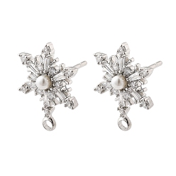 Платина Латунные серьги-гвоздики из циркония, без кадмия, без никеля и без свинца, с имитацией жемчуга, снежинка, платина, 18x13 мм, отверстие : 1.6 мм, штифты : 11x1 мм