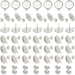Нержавеющая Сталь Цвет 304 Настройки серьги из нержавеющей стали, с петлей и ушными гайками, плоско-круглые, цвет нержавеющей стали, Настройки серьги-гвоздики: лоток: 12 мм, 17x14x2 мм, отверстие : 1.8 мм, штифты : 0.8 мм, 60 шт / коробка, ушные гайки: 6x4.5x3 мм, отверстие : 0.8 мм, 60 шт / коробка