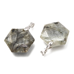 Labradorite Faceted Natural Labradorite Pendants, with Platinum Tone Brass Findings, Hexagon, 28x25x9mm, Hole: 4x5mm