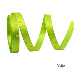 Polka Dot Easter Theme Polyester Satin Ribbon, Single Face Printed Ribbon, Flat, Green Yellow, Polka Dot Pattern, 3/8 inch(9mm), 10 yards/roll
