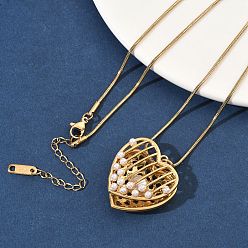 Настоящее золото 18K 304 Женские ожерелья с подвеской в форме сердца из нержавеющей стали с акриловым искусственным жемчугом, ионное покрытие (ip), белые, реальный 18 k позолоченный, 18.58 дюйм (47.2 см)