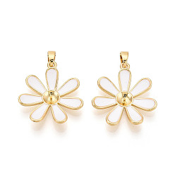 Белый Латунные подвески с эмалированными чашечками и жемчужными штифтами, цветок, за половину пробурено бисера, реальный 18 k позолоченный, белые, 22~23x21x3 мм, отверстие : 5x2 мм, штифты : 0.8 мм