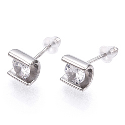 Real Platinum Plated Rhodium Plated 925 Sterling Silver Micro Pave Cubic Zirconia Stud Earrings, Column, Nickel Free, with S925 Stamp, Real Platinum Plated, 6.5x6.5mm, Pin: 0.8mm
