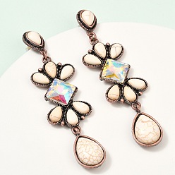 Красная Медь Серьги-гвоздики из сплава синтетической бирюзы, со стеклом, ромб со слезой, Красная медь, 92.5x24.5 мм