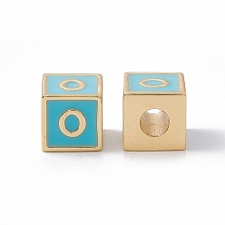 Letter O Стойки покрытие латунь эмаль бисер, без кадмия, без никеля и без свинца, реальный 18 k позолоченный, куб с письмом, голубой, letter.o, 6x6x6 мм, отверстие : 2.5 мм