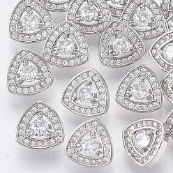 Platinum Brass Shank Buttons, with Micro Pave Cubic Zirconia, Triangle, Clear, Platinum, 10.5x10.5x7.5mm, Hole: 1.4mm