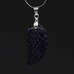 Blue Goldstone Synthetic Blue Goldstone Pendants, with Platinum Tone Brass Findings, Wing, 35x17mm