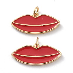 Golden Brass Enamel Pendants, Long-Lasting Plated, With Jump Rings, Red Lip, Golden, 11x24x2mm, Hole: 3mm, Jump Ring: 5x1mm