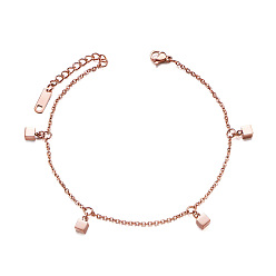 Rose Gold Stainless Steel Charm Anklet, with Cable Chains, Square, Rose Gold, 8-1/4 inch(21cm)