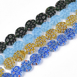 Gemischte Farbe Handgemachte Glasperlen Millefiori-Stränge, ellipsenförmige, Gemischte Farbe, 12.5~15x11~13x4.5~5 mm, Bohrung: 1.2 mm, ca. 31~36 Stk. / Strang, 17.91 Zoll~18.23 Zoll