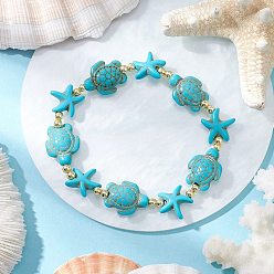 Бирюза Браслеты из синтетического бирюзового бисера для мужчин и женщин, черепаха и морская звезда, с Гальваническим немагнитных синтетическими гематита бисера, бирюзовые, внутренний диаметр: 2-1/4 дюйм (5.6 см)