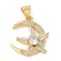 Звезда Латунные микро проложить кубического циркония подвески, луна, стойки покрытие, долговечный, без свинца и без кадмия, реальный 18 k позолоченный, звезда, 18x15x4 мм, отверстие : 4x3.5 мм