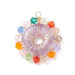 Amethyst Natural Amethyst Pendants, Donut/Pi Disc Charm, with Colorful Glass Beads and Real 18K Gold Plated Copper Wire Wrapped, 28x25x5mm, Hole: 3mm