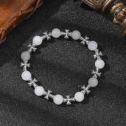 Малайский Нефрит Браслеты из натуральных круглых бусин малайзийского нефрита, браслеты из сплава крест-накрест для мужчин и женщин, античное серебро, внутренний диаметр: 2-1/4 дюйм (5.75 см)