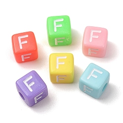 Couleur Mélangete Perles européennes opaques acrylique, Perles avec un grand trou   , cube avec la lettre f, couleur mixte, 10x9x9~9.5mm, Trou: 4mm, environ580 pcs / 500 g