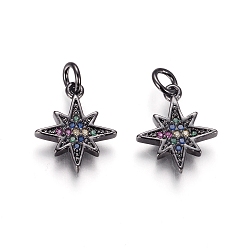 Черный Цвет Металла Латунь прелести, с микропаве из кубического циркония и прыжковыми кольцами, звезда, красочный, металлический черный , 14x12x2 мм, отверстие : 3 мм