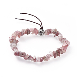Strawberry Quartz Chip Natural Strawberry Quartz Stretch Bracelets, with Alloy Round Beads, Antique Silver, 1-7/8 inch(4.9cm)