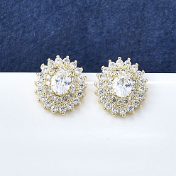 Настоящее золото 16K Женские серьги-гвоздики из латуни с микропаве и прозрачным кубическим цирконием, овальные, реальный 16 k позолоченный, 12.5x11 мм