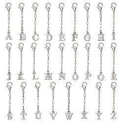 Platinum & Stainless Steel Color 26Pcs Alloy Rhinestone Pendant Decorations, Letter, with Stainless Steel Chain and Alloy Lobster Claw Clasps, Platinum & Stainless Steel Color, 55mm