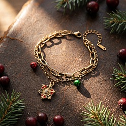 Snowflake Christmas 304 Stainless Steel Enamel Charm 2-Strand Bracelets, Golden, Colorful, Snowflake, 6.69 inch(17cm)