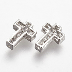 Platinum Brass Micro Pave Cubic Zirconia Beads, Cross, Clear, Platinum, 10.5x7.5x3mm, Hole: 1mm