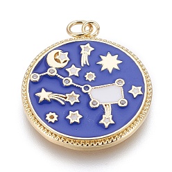 Золотой Латуни циркония кубической подвески, с эмалью, плоский круглый с ковшом, синие, золотые, 27.5x24x2 мм, отверстие : 3 мм
