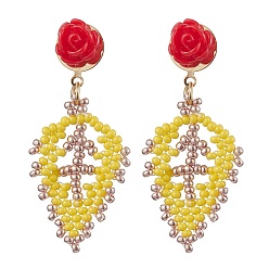 Gold Rose with Leaf Seed Beads Stud Earrings, with 304 Stainless Steel & Resin Beads, Golden, Gold, 45x19mm