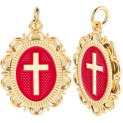 Красный 6 кулоны латунные эмалевые шт., с целью перехода в кольце, овал с подвеской в виде креста, реальный 18 k позолоченный, красные, 22x15.5x2 мм, отверстие : 3.5 мм