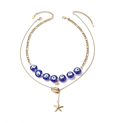 Golden 2Pcs 2 Style Brass Shell with Star Pendant Lariat Necklaces Set, Natural Quartz Crystal & Lampwork Evil Eye Beaded Stackable Necklaces for Women, Golden, 16.61~19.37 inch(42.2~49.2cm), 1Pc/style