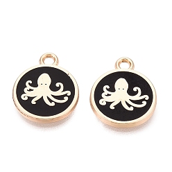 Black Alloy Enamel Pendants, Rack Plating, Flat Round & Octopus Charms, Golden, Black, 16x13x1.5mm, Hole: 1.8mm