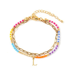 Letter L 304 Браслеты из нержавеющей стали с подвесками в виде букв, двухслойные, Эластичные браслеты из смоляных бусин для женщин, золотые, Письмо L, 6.50 дюйм (16.5 см) ~ 6.69 дюйм (17 см)