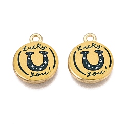 Dark Green Printed Alloy Pendants, Flat Round with Horseshoe Pattern Charms, Rack Plating, Long-Lasting Plated, Golden, Dark Green, 18x15x3.5mm, Hole: 1.8mm