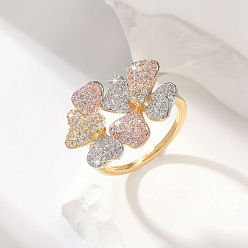 Многоцветный Кольца для женщин с цветочным узором из латуни с микропаве из прозрачных кубических цирконий, многоцветные, размер США 7 (17.3 мм)