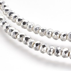 с Покрытием Серебра Немагнитные синтетический гематит бисер пряди, класс А, граненые, рондель, со серебряным покрытием, 4x2.5 мм, отверстие : 1 мм, около 136 шт / нитка, 15.7 дюйм
