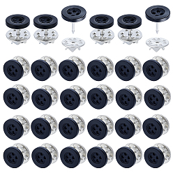 Черный 40 шт. 4-образные пуговицы с отверстием для обратной стороны булавки из смолы, плоско-круглые, чёрные, 12.5x11.5 мм