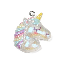 Единорог Прозрачные смоляные подвески, с платиновой железной петлей и пудрой с блестками, единорог, 28.5x24.5x8.5 мм, отверстие : 2 мм