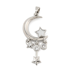 Platinum Brass Micro Pave Cubic Zirconia Pendant, with Resin, Star and Moon, Platinum, 34x15x3mm, Hole: 5x3mm