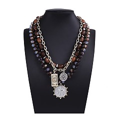 Разноцветный Прямоугольная монета с подвеской из сплава солнца, многослойные ожерелья из смолы и стеклянных бусин, античное серебро, красочный, 18.11~21.26 дюйм (46~54 см), 4 шт / комплект