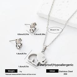 Elephant 304 Stainless Steel Pendant Necklace & Stud Earrings Set for Women Men, Stainless Steel Color, Elephant, 450mm, Pendant: 18x18mm