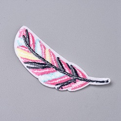 Hot Pink Computerized Embroidery Cloth Iron on/Sew on Patches, Costume Accessories, Appliques, for Backpacks, Clothes, Feather, Hot Pink, 81x29x1.5mm