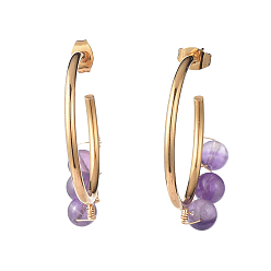 Amethyst Ohrstecker, halbe Creolen, mit natürlichen Amethyst Perlen, vergoldete 304 Edelstahl-Ohrstecker und Kupferdraht, 39x32.5 mm, Stift: 0.8 mm