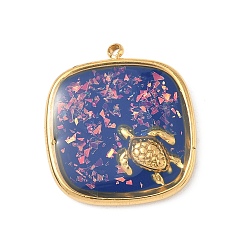 Фиолетовый 304 подвески из нержавеющей стали, эпоксидной смолы, с натуральными ракушками и пайетками внутри, квадрат с подвесками в виде черепахи, реальный 18 k позолоченный, вакуумное покрытие pvd, фиолетовые, 23x20.5x3.5 мм, отверстие : 1.5 мм