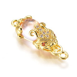 Pink Золотистые соединители из латуни, со стеклом и фианитом, Pi Xiu, розовые, 27x9x7 мм, отверстие : 1 мм