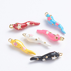 (52) Непрозрачная лаванда Латунь эмаль подвески, Рог изобилия, итальянский рог корничелло амулеты, золотые, разноцветные, 27.5x6.5 мм, отверстие : 1.6 мм