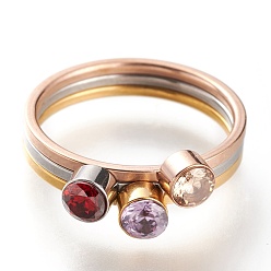 Mixed Color 304 Stainless Steel Finger Rings, Stackable Rings, with Rhinestone, Flat Round, Mixed Color, Mixed Color, US Size 7~7 3/4(17.3~17.9mm), 3pcs/set