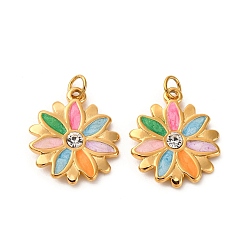 Разноцветный 304 нержавеющей стальной эмали подвески, с соединительным кольцом и стразами, ионное покрытие (ip), цветочный шарм, реальный 18 k позолоченный, красочный, 16.5x14x2.5 мм, отверстие : 2.5 мм