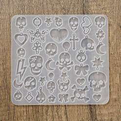 Белый DIY силиконовые формы кулон, формы для литья смолы, для уф-смолы, изготовление ювелирных изделий из эпоксидной смолы, череп, белые, 120x130x4.5 мм, отверстие : 1.8 мм, внутренний диаметр: 9~29x6.5~27 мм