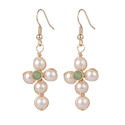 Green Aventurine Natural Shell & Green Aventurine Braided Cross Dangle Earrings, Gold Plated Brass Wire Wrap Jewelry for Women, 50mm, Pin: 0.6mm