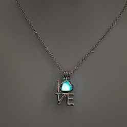 Слово Сплав с люминесцентной смоляной бусиной внутри подвески ожерелья для женщин и мужчин, платина, Слово любовь, 17.72 дюйм (45 см)